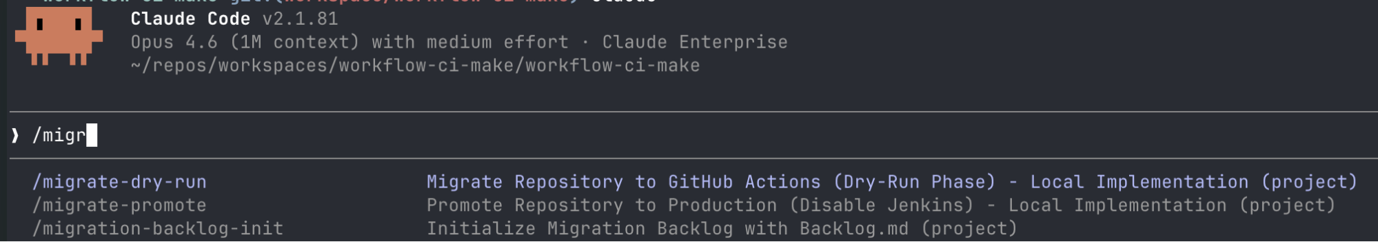 The migration commands surfaced as Claude Code slash commands: migrate-dry-run, migrate-promote, and migration-backlog-init